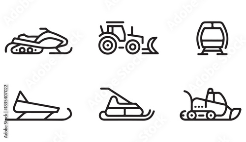 Winter vehicle line icons featuring snowmobiles, groomers, plow tractors, sleds, and gondola lifts for alpine resort graphics.