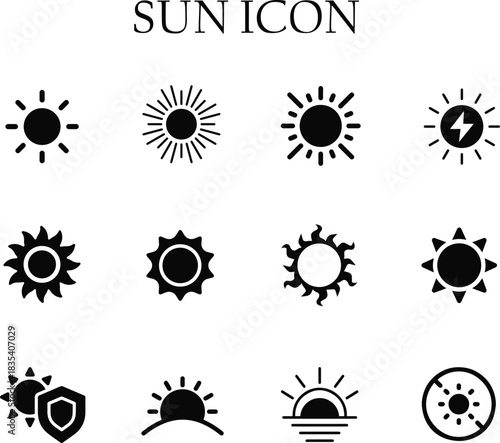Minimal sun icon vector design featuring simple rays and clean lines, perfect for weather symbols, summer themes, UI elements, and branding.