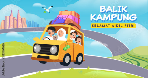 Family Road Trip Mudik 2026 Illustration with Car Loaded with Luggage and Happy Travelers on Highway. Translation : Home Coming for Eid al Fitr Celebration. 