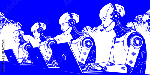 Blue robotic call center operators working at computers, automation concept illustrating AI customer service and digital assistance