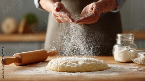 Hands sprinkle flour on table in a warm kitchen to prepare for rolling dough