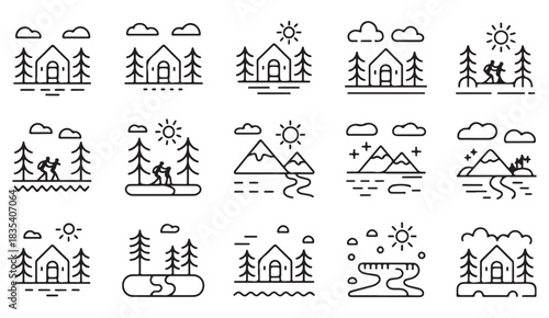 Scenic line art collection showing mountain lodges, forests, rivers, hikers, and peaceful nature landscapes
