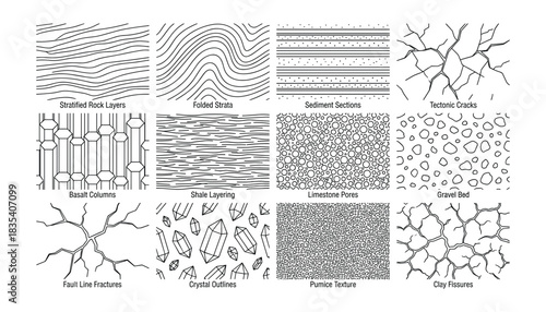 Geological structures illustration depicting layered formations and textures.