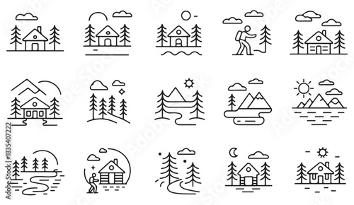 Thin-line icons of cozy cabins, alpine scenery, hiking routes, and natural outdoor environments.