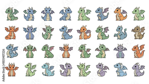 Collection of adorable cartoon dragon characters in various colors and poses isolated on white