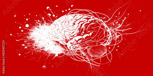 Abstract red and white flowing energy brain illustration, creativity concept expressing imagination, thought processes, and mental activity