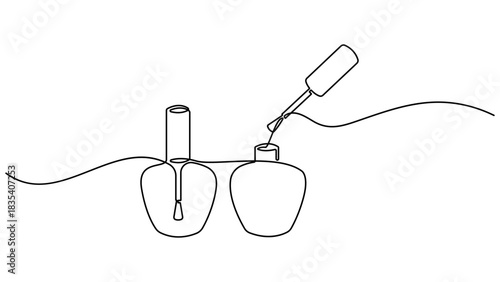 Bottle of nail polish as one line drawing banner. Banner and business card. Continuous hand drawn minimalist minimalism design isolated on white background. Nail varnish vector illustration.