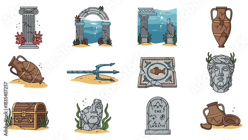 Cartoon collection of ruins and artifacts of a submerged lost city under the sea