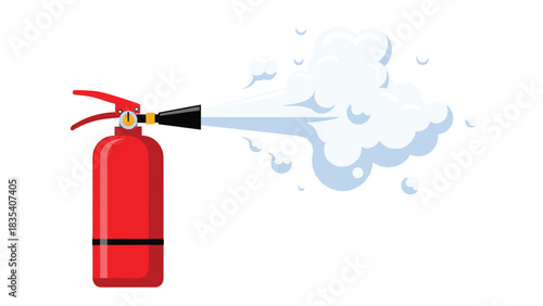 Vibrant red fire extinguisher actively spraying white suppression foam against a bright background