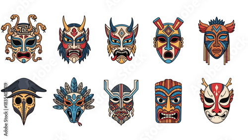 Collection of Various Traditional Masks in Different Styles and Cultural Representations