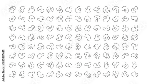 Collection of abstract organic irregular blob shapes, line art drawing.