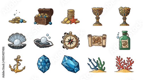 Illustration showing pirate treasure and adventure icons set on a white backdrop