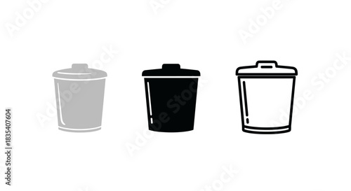 Minimalist illustration of three sets of trash can silhouettes, Symbolizing minimal household organization, flat vector design.
