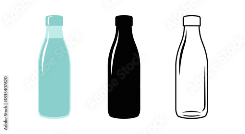 Minimalist illustration of three sets of bottle silhouettes, Symbolizing clean household hydration, flat vector design.