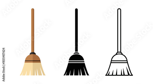 Minimalist illustration of three sets of broom silhouettes, Symbolizing tidy minimalism, flat vector design.