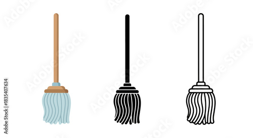 Minimalist illustration of three sets of mop silhouettes, Symbolizing simple cleaning tools, flat vector design.