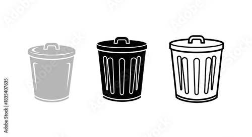 Minimalist illustration of three sets of trash can silhouettes, Symbolizing minimal household organization, flat vector design.