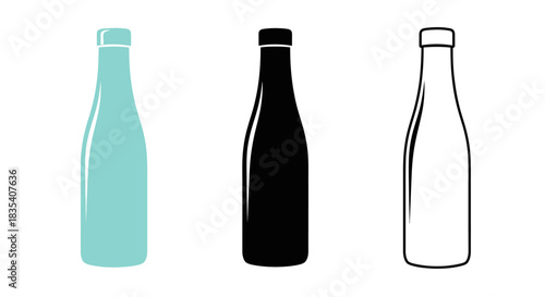 Minimalist illustration of three sets of bottle silhouettes, Symbolizing clean household hydration, flat vector design.