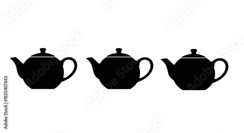 Minimalist illustration of three sets of teapot silhouettes, Symbolizing cozy minimal tea rituals, flat vector design.