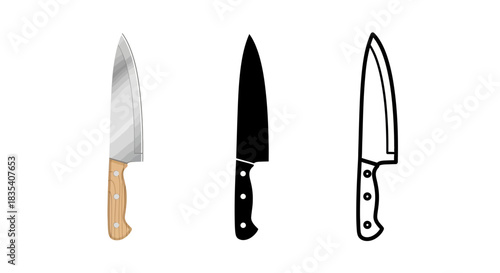 Minimalist illustration of three sets of knife silhouettes, Symbolizing practical kitchen precision, flat vector design.