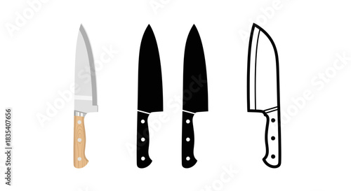 Minimalist illustration of three sets of knife silhouettes, Symbolizing practical kitchen precision, flat vector design.