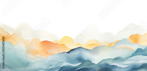Panoramic watercolor painting of mountain landscape in the golden hues of sunrise vector design. Tranquility and heavenly beauty, with rolling hills and soft, dreamy clouds. Vibrant colors