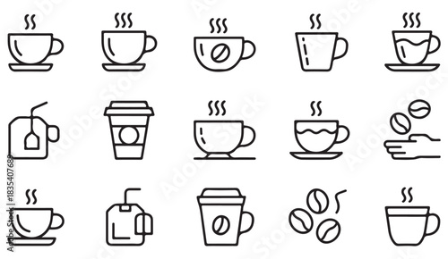 Thin-line illustration pack of hot beverages such as coffee mugs, steeped tea, espresso symbols, and serving actions.