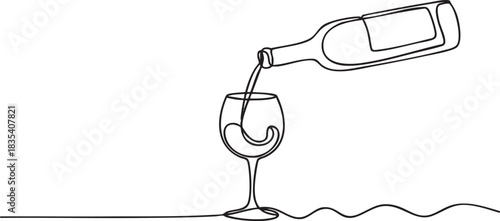 Continuous single line drawing of wine pouring from a bottle into a glass, fluid and graceful minimalist outline vector illustration