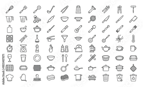 Extensive Collection of Kitchen Utensils and Cooking Tools Line Art Set