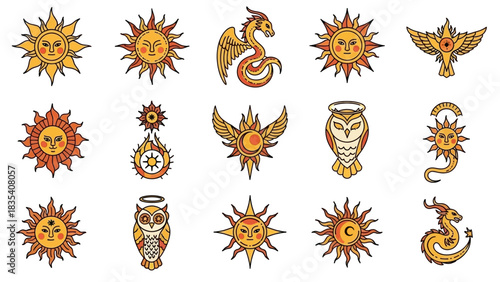 Celestial symbols and mythical creatures, sun faces, dragons and owls vintage style illustrations