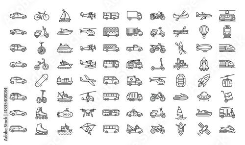 Extensive line art collection of various transport and vehicle icons.
