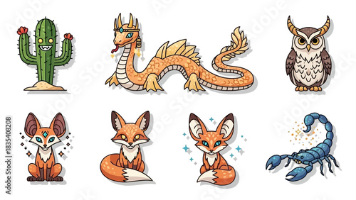 Diverse Cartoon Animal Illustrations Featuring Cactus, Dragon, Owl, Fox and Scorpion