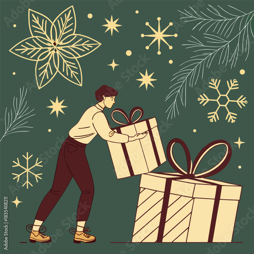 Christmas Gift Boxes with Golden Ribbon and Holiday Decorations on Green Background