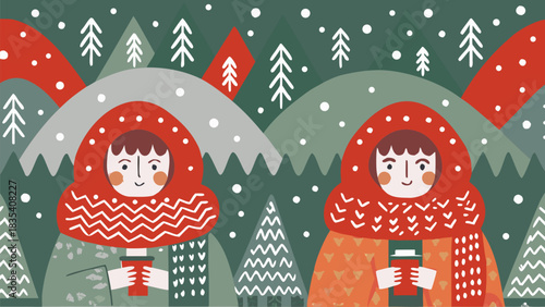 Charming winter scene with cozy girls enjoying hot drinks in snowy forest, originally scalable vector graphic