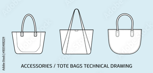 Editable Line Art Vector of Shopping Tote Bag Showing Detailed Black and White Clothing Schematics With Front and Back Designs Illustrated on an Isolated Background for Fashion Projects