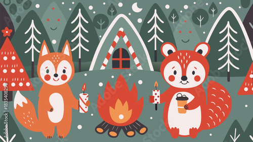 Adorable woodland creatures enjoy cozy campfire night near tent under the moonlit forest sky