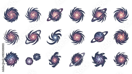 Set of galaxy spiral icons vector illustration representing cosmic entities