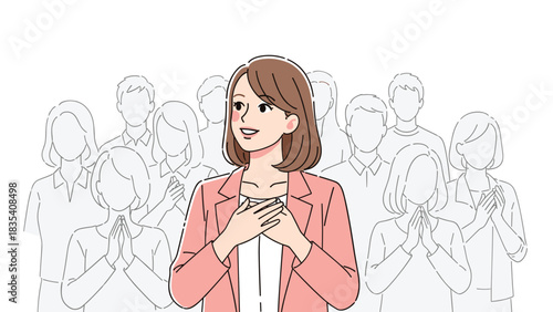 Confident businesswoman receives applause and gratitude from diverse team members in a supportive work environment
