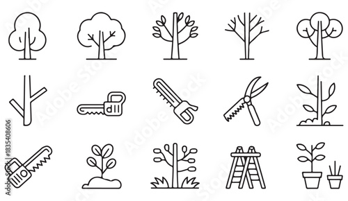 Minimal outline icon collection of horticulture tools and tree maintenance symbols for garden care and outdoor work.
