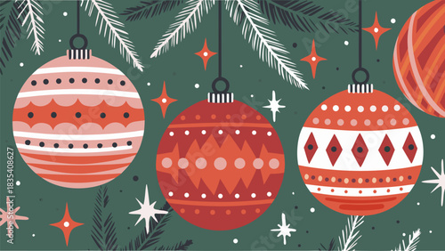 Vibrant modern Christmas ornaments hang among festive pine branches creating a cheerful holiday banner