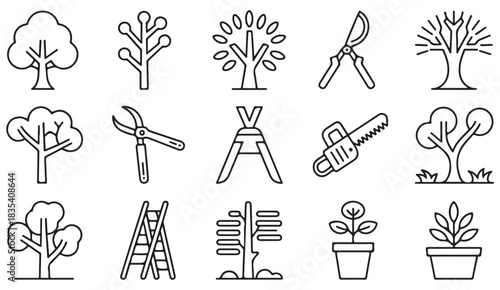 Set of gardening and pruning line icons showing trees, branches, shears, loppers, chainsaw, and potted plants for landscaping illustrations.