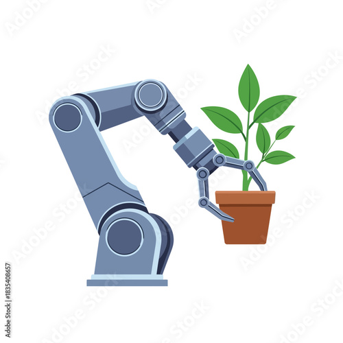 Robotic Arm Carefully Tending to a Potted Plant, Symbolizing Automation in Agriculture and Future Growth