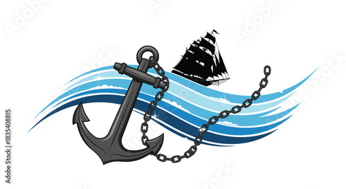 Vintage sailing ship and anchor design evokes nostalgia and maritime adventure on the waves, perfect for nautical themes and travel inspiration