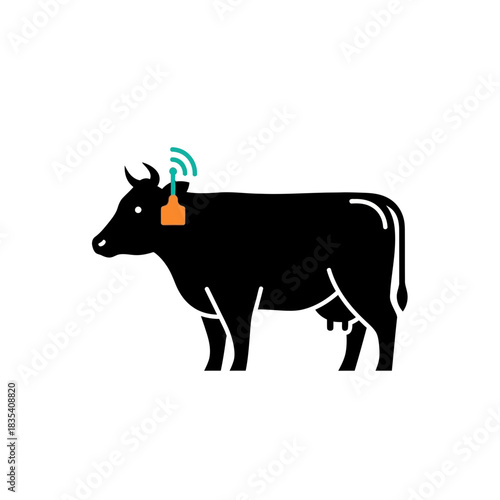 Black cow with an orange tracking tag and wireless signal icons