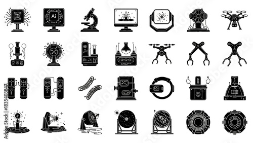 Set of technological innovation icons representing robotics, laboratory equipment, and artificial