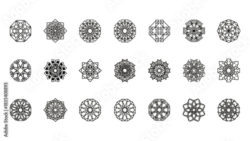 Geometric mandala art in intricate line drawings isolated on white background