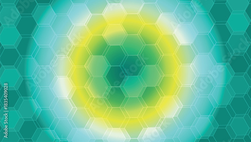 Abstract hexagonal portal with glowing yellow center and teal surround suggesting energy technology or a gateway to another dimension or digital world