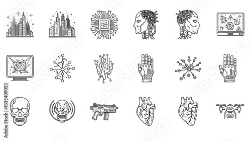 Futuristic Technology and Science Icons Collection: Robots, AI, and Beyond with Modern Cityscapes