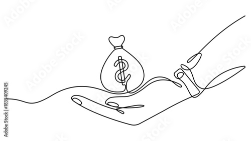 Dollar money bag single line drawing. Hand holding coin continuous one line drawing. Money storage and investment single Line art. Finance bank and investment concept in editable stroke