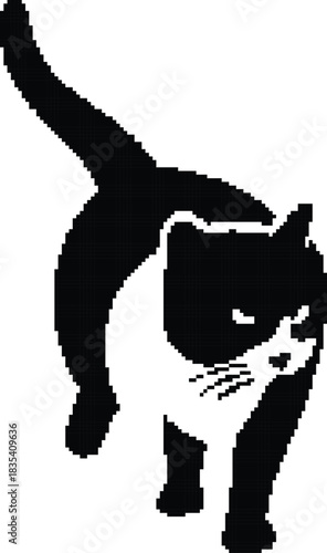 Pixelated black and white cat walking on white background, Pixel walking cat silhouette animal design